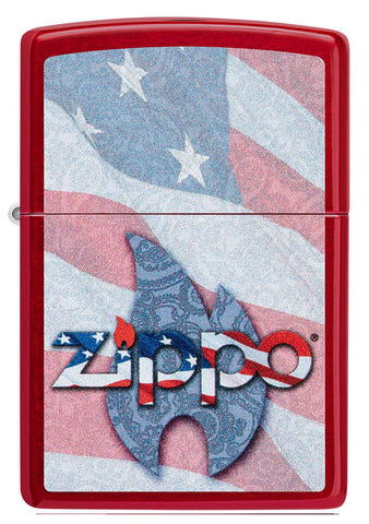 Front shot of Zippo Flag Design Candy Apple Red Windproof Lighter.