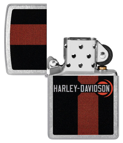 Zippo Harley-Davidson Logo Design Street Chrome Windproof Lighter with its lid open and unlit.