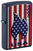 Front shot of Zippo Patriotic Flame Design Navy Matte Windproof Lighter standing at a 3/4 angle.